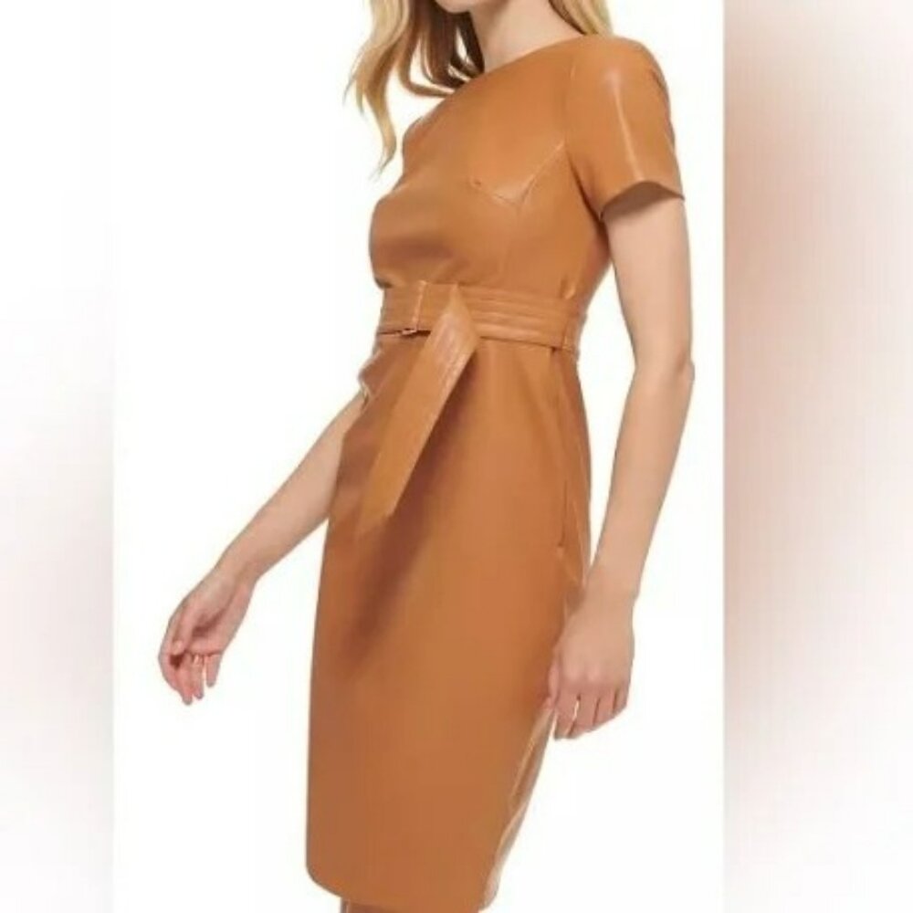 Calvin Klein Leather-Like Camel Belted Sheath Dress Professional Chic Work Attir